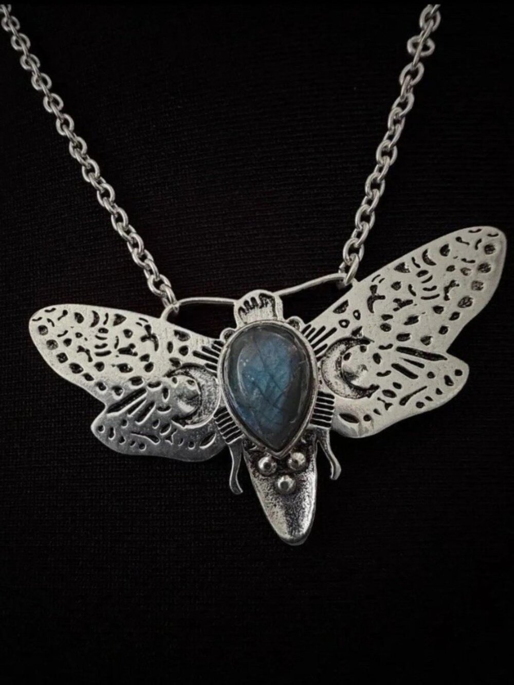 925 Sterling Silver Blue Labradorite Moon Moth Pendant Necklace jewelry